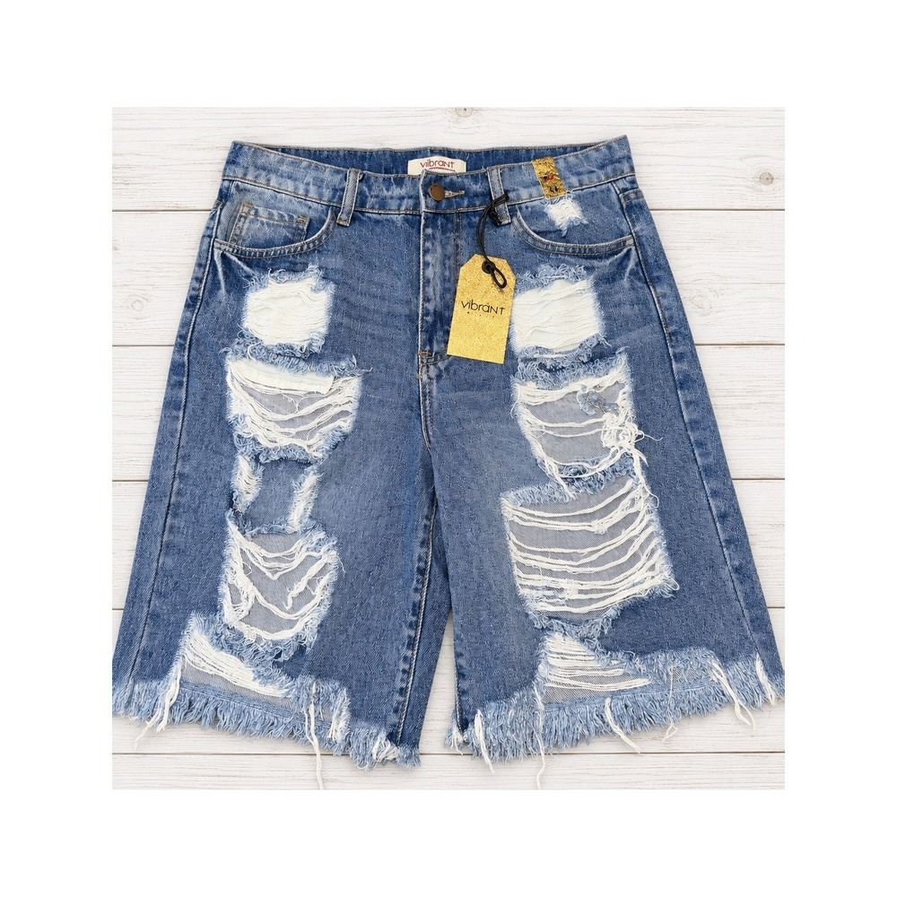 Vibrant M.I.U. Jean Shorts Distressed High Rise Frayed Hem ES5018 Medium Stone M